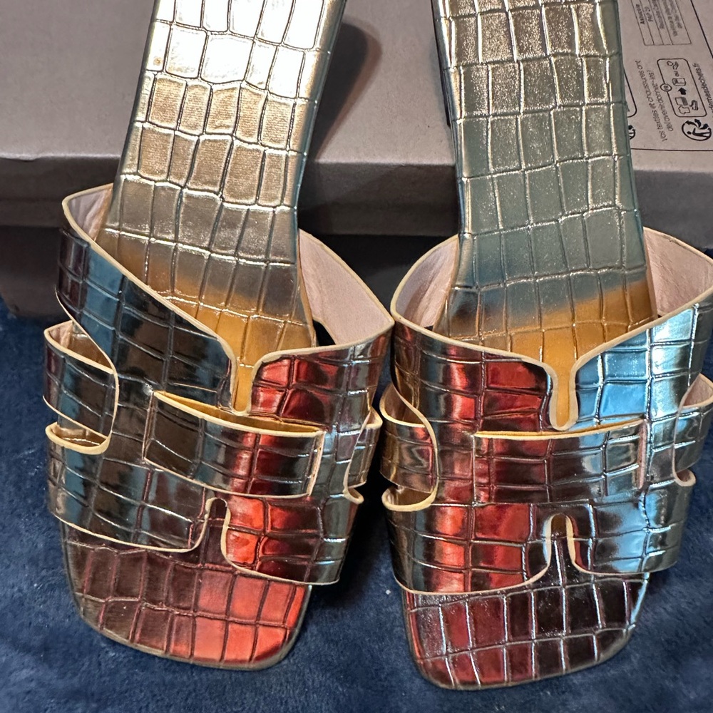 Gold and Red Croc-Embossed Women Sandals
